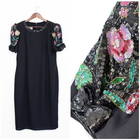 Jack Bryan Dresses & Skirts - Vintage Beaded Sequin Cocktail Dress L Black Floral Sleeve Evening Glam Party
